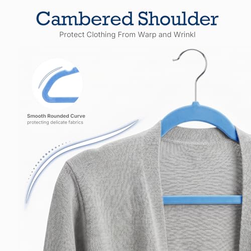 Image of HOUSE DAY Tranquil Blue Velvet Hangers 60 Pack, Non Slip Clothes Felt Hanger Heavy Duty for Coat, Premium Slim Space Saving Suit Hangers for Closet Organizer, 360 Rotating Silver Hook