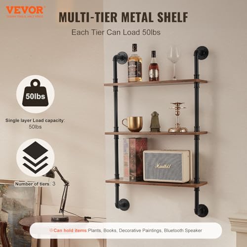 VEVOR Industrielles Rohrregal, 3 Ebenen, 61 x 20 cm, Wandmontage, schwebende rustikale Holzregale, Halterung, Ausstellungsregal, Bücherregal, Lagerregal, Kleinteilehalter