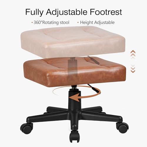 Image of VECELO Under Desk Footrest, PU Ergonomic Foot Rest with Wheels, Comfort Padding, Height Adjustable for Relieving Leg Pain, Stiffness, and etc, Brown