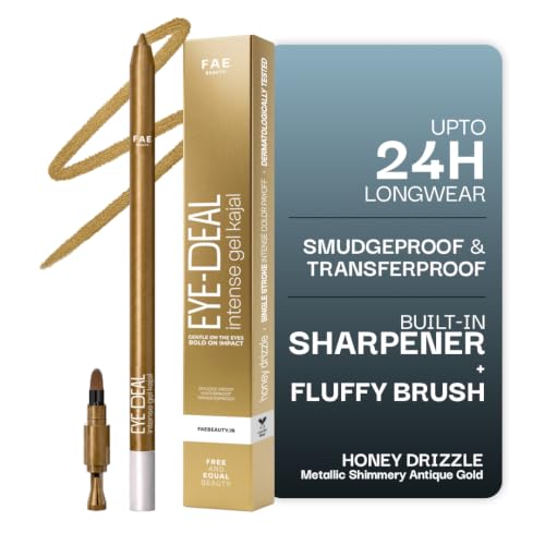 Image of FAE Beauty Eye-Deal Metallic Shimmery Antique Gold Kajal | Waterproof & Smudgeproof | Intense Gel Long Wear | With Moringa & Calendula | Dermatologically Tested | Built-in Sharpener & Brush | Shade - Honey Drizzle