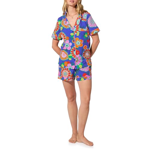 Image of Trina Turk Womens Short Sleeve Notch Collar & Shorts Sleepwear Pajama Set, Organic Cotton
