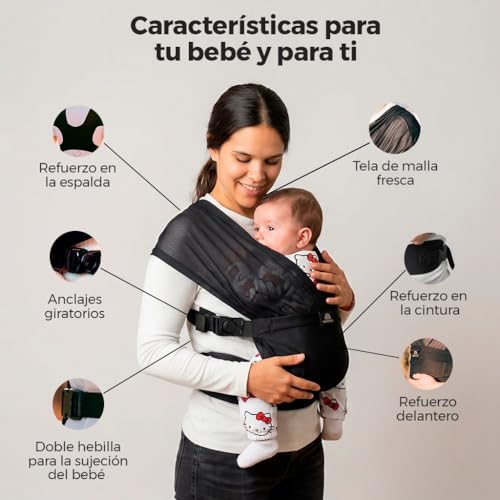 Miniatura 8 de Fular Portabebe Porteo Malla Fresca Ligero Ergonomico Refuerzo Trasero Anclajes Giratorios Ajustables Colocacion Rapida Manos Libres Unisex Papa Mama Bebe 3 A 24 Meses Hasta 15 Kg Negro Transpirable
