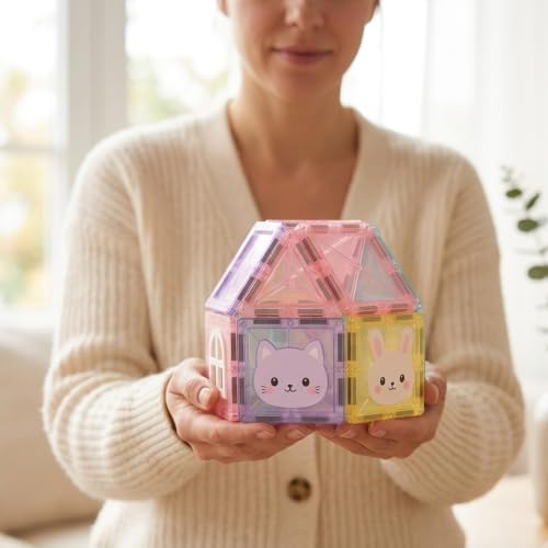 Juju Magnetic Building Tiles Set in Translucent Pastel Colors – Squares and Triangles with Animal-Face and Window Panels – Magnetic Construction Set – Colorful Stackable Tiles for Home - Image 7