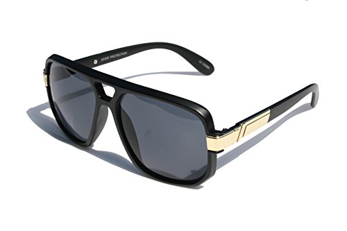 Classic Square Frame Plastic Flat Top Aviator with Metal Trimming Sunglasses (Matte Black Gold, Black)