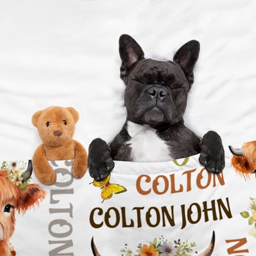Image of Custom Name Blanket with Cow Pattern, Highland Cow Custom Name Gifts for Boys Girls,Soft Flannel Butterfly Sunflower Print Throw Stuff for Bedroom Sofa Chair Decoration,60 inchx80 inch for Adults