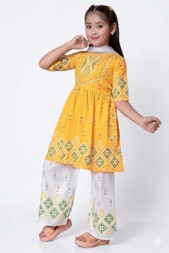 Image of Trend Ethnic Girls' Kurta & Palazzo Set, 100% Cotton, Full Sleeve, Solid Pattern, Classic Style, Relaxed Fit, Lightweight, Festival Wear