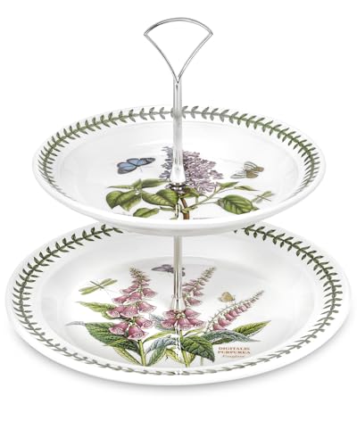 Portmeirion x Botanic Garden 2 Tier Cake Stand - Porcelain Elegant White & Green Earthenware Dessert Display, Suitable for Serving Cakes, Pastries, and Afternoon Tea