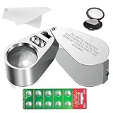40X Jewelers Loupe, Full Metal Illuminated Jewelry Loop Magnifier, Pocket Folding Magnifying Glass with 10 Backup Batteries, for Currency Detecting, Coin, Diamonds, Gems, Jewelry, Stamps Close Work