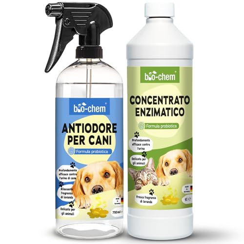 bio-chem - Set di 2 prodotti per il controllo degli odori - Rimuovi odori di cani 1L – Concentrato enzimatico 1L - Deodorante per casa e tessuti