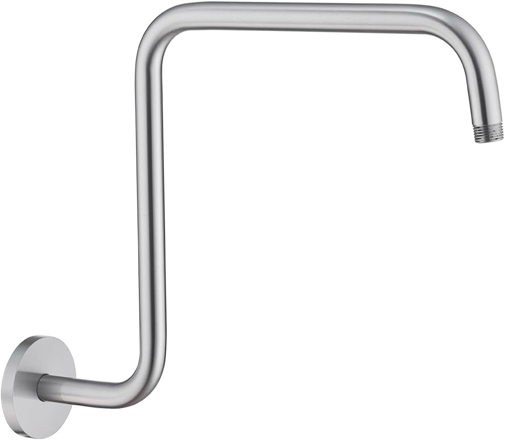 S Shape Shower Extension Arm with Flange, Stainless Steel High Rise Shower Head Extender Pipe 16 Inch Brushed Nickel,SW-RD91058-16BN.