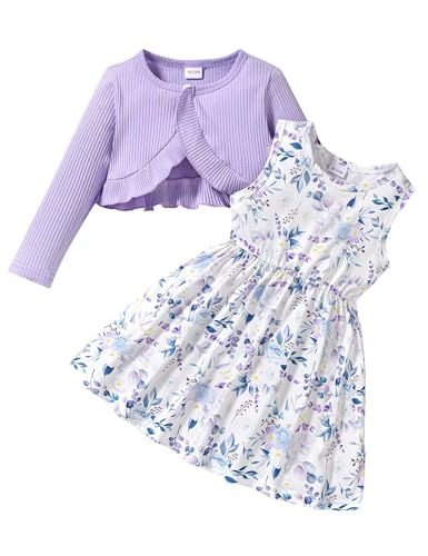 puseky Set di vestiti e cardigan per bambina Bambina con stampa floreale Vestito e cappotto senza maniche Autunno Inverno 4-5 anni