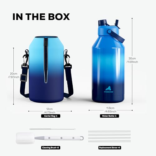 Image of POWCAN 64 oz Insulated Water Bottle with 2-in-1 Straw and Spout Lid, Leakproof, Carrier Bag, Cleaning Brush, BPA-Free, Metal Water Bottle with Handle for Outdoors, Sport, Gym and Hiking (Shoreline)