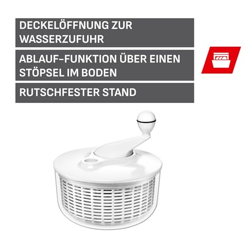 Foto von Silit Salatschleuder 25 cm, Kunststoff, Kunststoffsieb, Kurbelmechanismus, Deckelöffnung zur Wasserzufuhr, Ablauf-Funktion, spülmaschinengeeignet, rutschfester Gummi am Boden, weiß