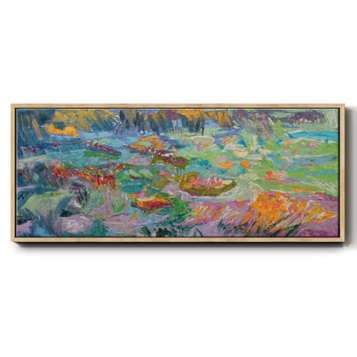 Renditions Gallery Abstract Nature Artwork Beautiful Depiction of Water Lillies Floater Framed Canvas Wall Art for Resturant Office Farmhouse - 8"X20" NATURAL Frame GAL027