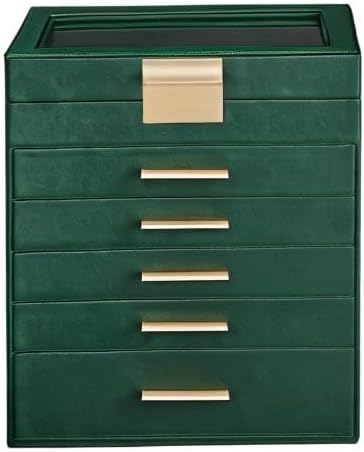 SONGMICS GISELLA Collection - Jewelry Box Organizer, 6-Layer Jewelry Storage with 5 Drawers, Shiny Metal Hardware, Glass Lid, Modern, 6.4 x 9.9 x 11.4 Inches, Forest Green and Gold Color UJBC171C01 - Image 9