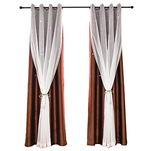 HISEN Star Curtains Double Layer Curtain for Bedroom Kid with Hemp Yarn and Blackout Cloth (Coffee, 52W 63L)