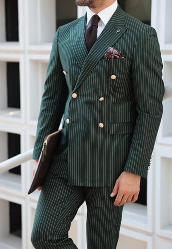 Pinstriped Suit Men Slim Fit 2 Piece Double Breasted Suits Blazer and Pants Sets Wedding Prom Tuxedos 20253