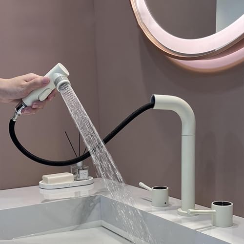 Robinet de salle de bain 3 trous extractible MOCHAMIK blanc lait rotatif 360