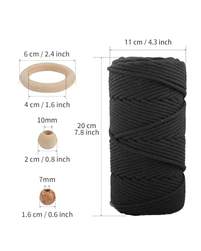 Image of ZUEXT Macrame Cord, Black, 6mm x 109yds Cotton String Macrame Yarn | 100% Natural Handmade, 4 Strands Twisted Cotton Rope, For Wall Hanging Plant Hangers Gift Wrapping Tapestry DIY Crafts, 100m