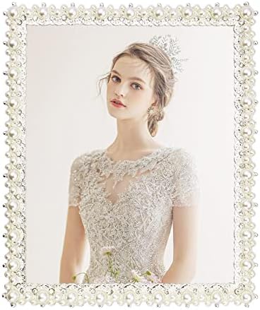 8x10 Picture Frame with Pearl and Crystal Decor for Wedding Photo, Ornate Frame Silver Plated for Tabletop Display