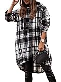 ORANDESIGNE Karierte Lange Jacke Damen Elegante Retro Kapuzenjacke Hemdjacke mit Kapuze Reißverschluss Kordelzug Tasche Knielanger Plaid Mantel Hoodie Sweatjacke A Schwarz XXL