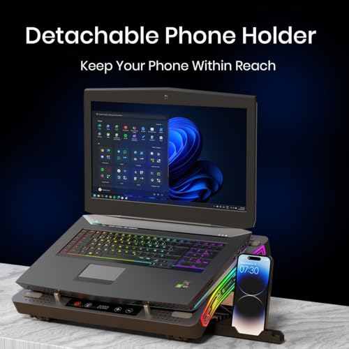 Image of Portronics AeroDock Pro Laptop Cooling Pad with High-Speed Fan, 115 CFM Airflow, 10 RGB Lighting Modes, Built-in Phone Holder, Adjustable Height, Noiseless Fans and Dual USB Ports, Black