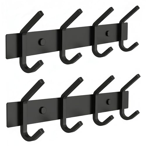 Coat Rack Wall Mount – 12 Inch Stainless Steel Hook Rail with 4 Double Coat Hooks for Hanging – Wall Mounted Entryway Organizer for Coats, Hats, Bags, Towels, Robes, or Bathroom - Black 2 Pack