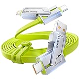 SHEZI [2025 Newly Upgrade] 4-in-1 Charging Cable 240W 5FT USB C Cable Fast Charging Flat Soft Thick Silicone for iPhone 16/15 Charger Cord, Multi Charge Combo with L/USB C/USB A Port, Green