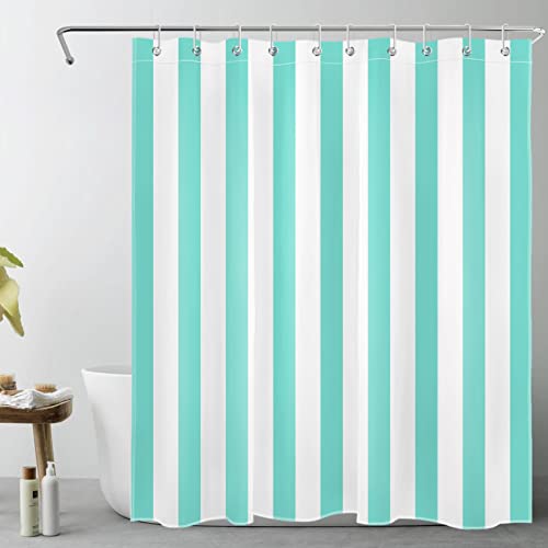 LB Teal and White Striped Fabric Shower Curtain for Bathroom with 10 Hooks, Vertical Stripe Geometric Shower Curtains for Bathroom, Modern Farmhouse Geometric Bathroom Shower Curtains, 60x72 Inch