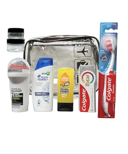 Men's essential travel toiletries kit, including clear travel bag, shampoo, roll on XXL deodorant, shower gel, tooth paste, a portable travel toothbrush with built in case and 2 small empty pots
