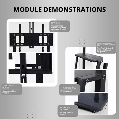 Image of Robustt TV Stand with Wheels | Fits 50-98 Inches TV | Heavy Duty Material | Tilt & Height Adjustable Rolling Stand | Movable TV Stand | Flexible Shelf | Cable Management - Pack of 1