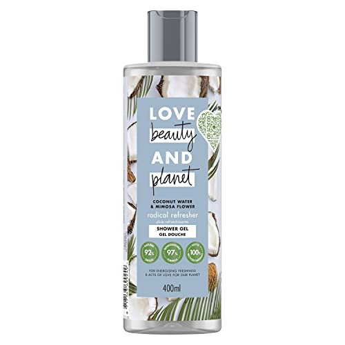 LOVE BEAUTY AND PLANET Gel Douche Femme Vegan Pluie Rafraîchissante, Eau de Coco et Fleur de Mimosa, Formule pour tous Types de Peaux Certifié Vegan 400 ml