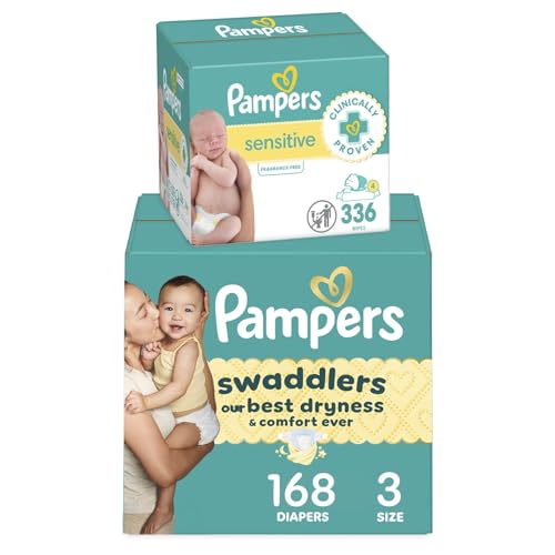 Image of Diapers Size 3, 168 Count and Baby Wipes - Pampers Swaddlers Disposable Baby Diapers and Water Baby Wipes Sensitive Pop-Top Packs, 336 Count (Packaging May Vary)
