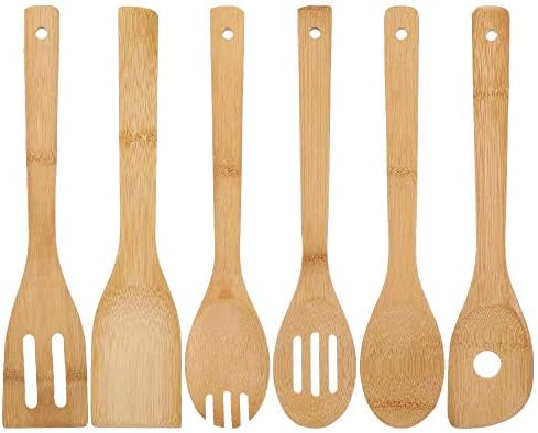 Utensili per Cucina, 6 Pezzi Utensili da Cucina in Legno di bambù, Cucchiaio per Mescolare, Anti-Aderente Utensili da Cucina in Legno per Cucinare, Facile da Pulire