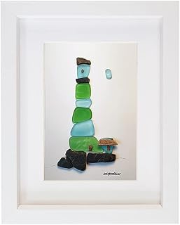 Blue & Green Lighthouse - Unique Pebble Art & Sea Glass Picture - Framed, Unique, Handmade