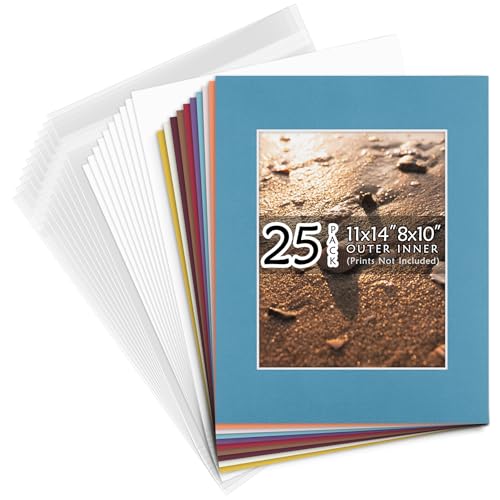 Golden State Art, Pack of 25 11X14 Various Colors Picture Mats Mattes With White Core Bevel Cut For 8X10 Photo + Backing + Bags