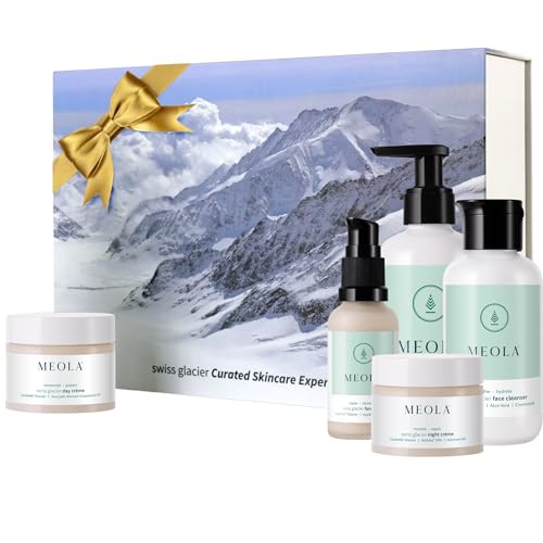 Image of Skin Care Kit - Meola Swiss Glacier Skin Care Products Combo for Women and Men - Pack of 5 Including Face Cleanser, Serum, Day Cream, Night Cream and Body Lotion Hydrating Gift Set