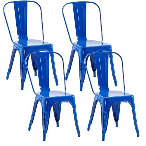 Image of Metal Dining Chairs with Backrest, Stackable, Blue, 4 Pack | Easy Assembly, Non-Slip Feet, 330 lb Capacity, Kitchen, Restaurant, Cafe, Pub, Covered Patio