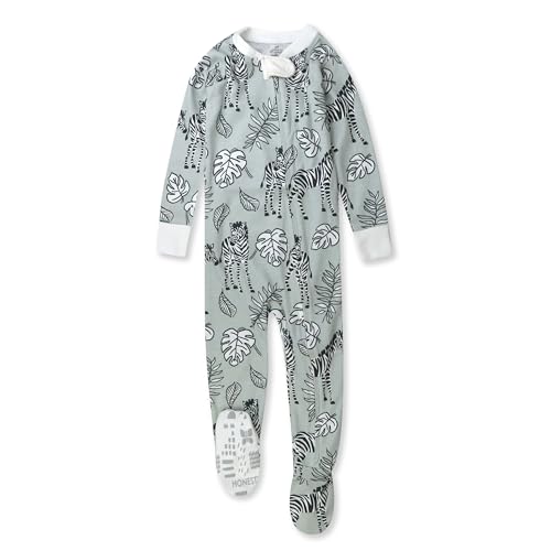 Image of HonestBaby Non-Slip Footed Pajamas One-Piece Sleeper Zip-Front Pjs 100% Organic Cotton for Baby Girls, Baby Zebra Camo, 12 Months
