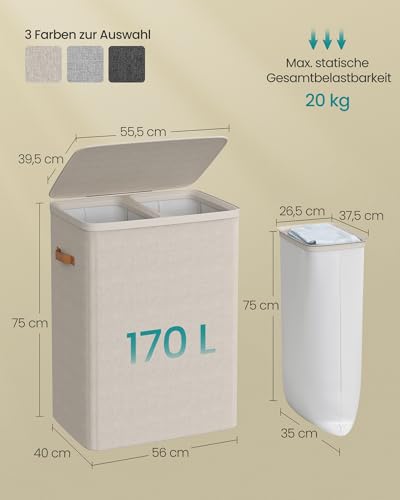 SONGMICS Wäschekorb, 170 L Wäschesammler 2 Fächer, Wäschesortierer, Leichter Aufbau, mit Deckel und Griffen, herausnehmbarer Wäschesack, 56 x 40 x 75 cm, cappuccinobeige LCB813L01