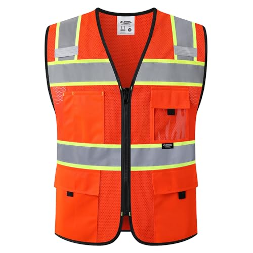 JKSafety Safety Vest for Men Women Hi Vis Relfective Vest with Pockets High Visibility Meet ANSI Standard Orange Color with Extended Yellow Strips (BX331-Orange L)