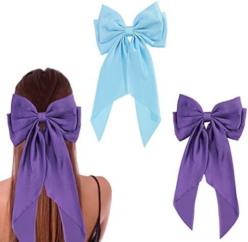 Hair Bows for Women Girls, 2pcs Big Silky Satin Bow Hair Barrettes Clip, Metal Clips Long Tail French Bowknot Hairpin Holding Hair, 90's Hair Dress Up Accessories (Blue & Purple)