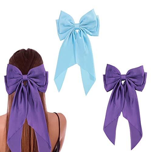Hair Bows For Women Girls, 2Pcs Big Silky Satin Bow Hair Barrettes Clip, Metal Clips Long Tail French Bowknot Hairpin Holding Hair, 90'S Hair Dress Up Accessories (Blue & Purple) #TOP3