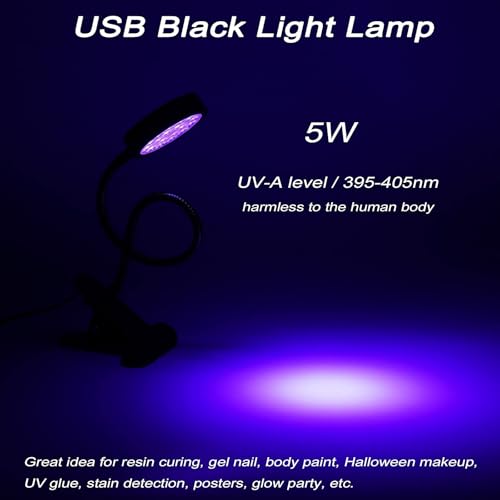 Luz preta LED UV, USB portátil de 5 W, luz UV para resina, luz negra com pescoço de ganso e clipe pa