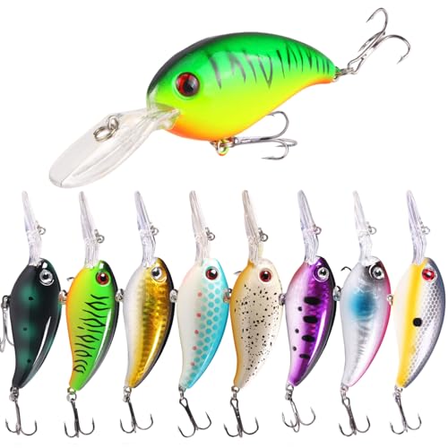 Richary Crankbait Lures Kit, 8-Pack Lifelike Hard Swimbaits with Diving Lip for Bass Fishing, Assorted Colors, Freshwater Saltwater Fishing Gear for Bass, Trout, Pike