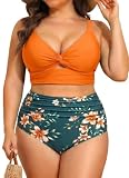 Daci Plus Size Two Piece Swimsuits - Women High Waisted Bikini Tummy Control Bathing Suits Knot Twist Swimwear 2025 Orange Flowers 18 Plus