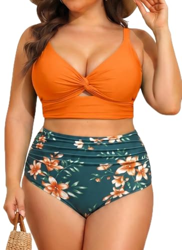 Daci Plus Size Two Piece Swimsuits - Women High Waisted Bikini Tummy Control Bathing Suits Knot Twist Swimwear 2025 Orange Flowers 18 Plus