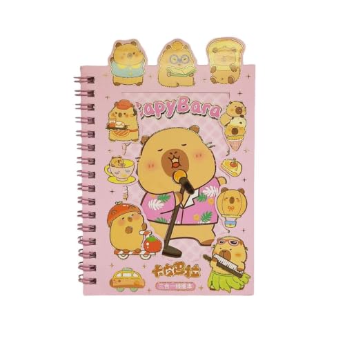 Caderno Espiral (ROSA) com Adesivos Fofos de Capivara, Personagens Kawaii, Tema Comida e Animais