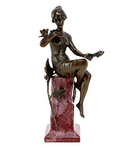 Kunst & Ambiente - Figura de Estilo modernista de Bronce - Señora con Paloma - firmada Premio Ferdinand - Base de mármol Rojo - Altura: 19,5 cm - Estatua de Estilo Juvenil