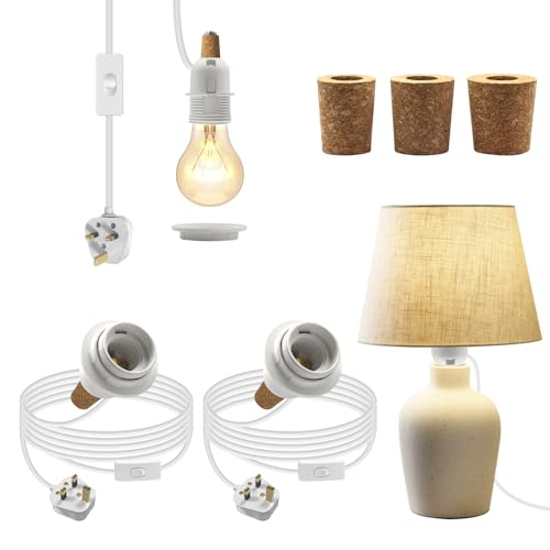 DIY Bottle Lamp Kit,2Pcs Bottle Lamp Adaptor Kit, White Lamp Kits for Do It Yourself, E26 Wine Bottle Table Lamp, E27 Screw Lamp Holder with Lampshade Fixing Ring, 3 Types Bung for Various Bottles